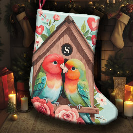 Calcetín Navideño Pequeño Monograma Pareja de Aves y Pastel de Corazón
