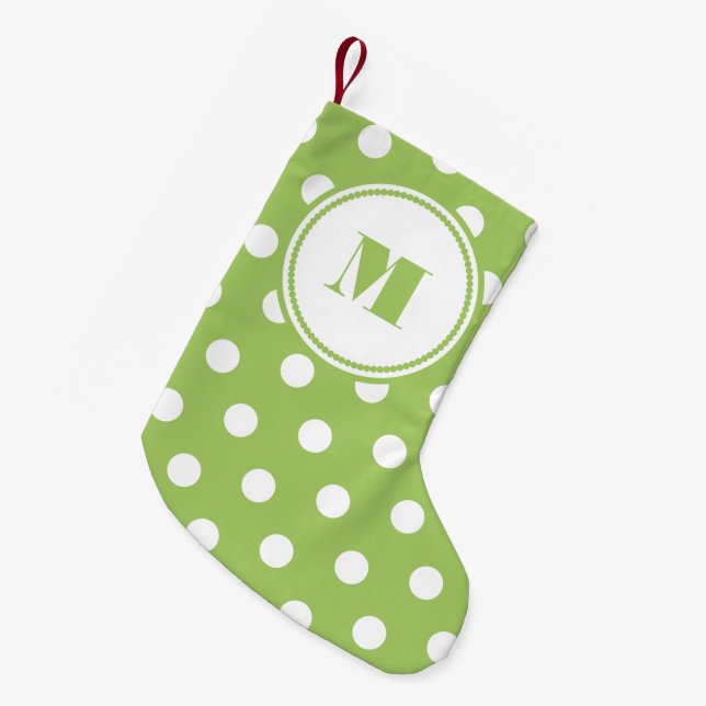Calcetín Navideño Pequeño Monograma personalizado de puntos de polka blanco  (Frente (Colgado))
