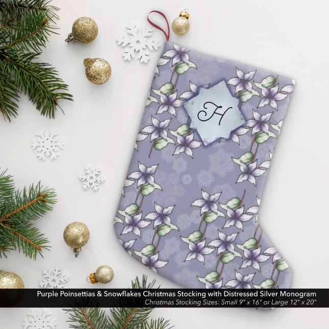 Calcetín Navideño Pequeño Monograma plateado de Poinsettias Púrpura y Copos  (Purple Poinsettias & Snowflakes Christmas Stocking with Distressed Silver Monogram)