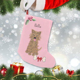 Calcetín Navideño Pequeño Monograma rosa de perro Chica yorkie