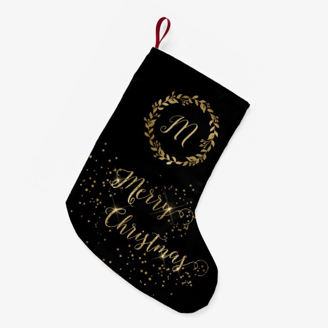 Calcetín Navideño Pequeño Monograma Sparkly Black Gold Feliz Navidad (Frente (Colgado))