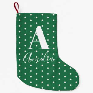 Calcetín Navideño Pequeño Monograma verde Nombre Polka puntos de doble cara