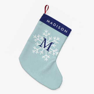 Calcetín Navideño Pequeño Monogramo de copo de nieve azul