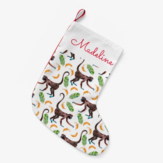 Calcetín Navideño Pequeño Monos dulces malabarillando plátanos| Agregar su n (Frente (Colgado))