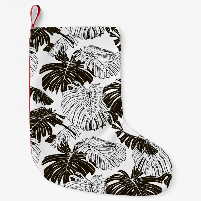 Calcetín Navideño Pequeño Monstera Monocromo: negro-blanco sin foco. (Anverso)