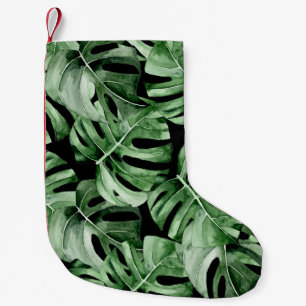 Calcetín Navideño Pequeño Monstera Oscura: Impresión de acuarela tropical.