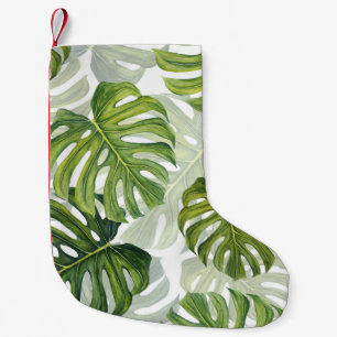 Calcetín Navideño Pequeño Monstera verde acuarela tropical