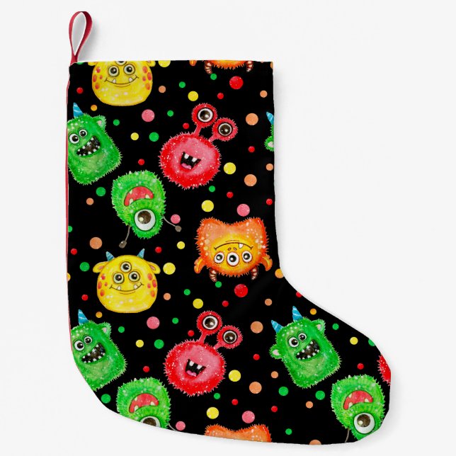Calcetín Navideño Pequeño Monstruos acuarelas: Patrón sin costura (Anverso)