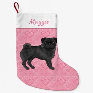 Calcetín Navideño Pequeño Mopas De Perro De Pug Negro Y Corazones Rosa Con N