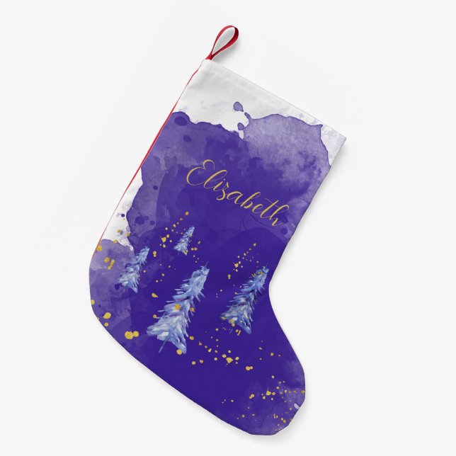 Calcetín Navideño Pequeño Morado Árbol de Navidad Golden Snowflakes (Frente (Colgado))