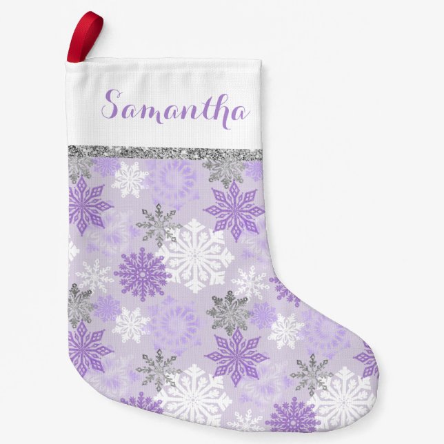 Calcetín Navideño Pequeño Morado De Invierno Y Plata Personalizado (Anverso)