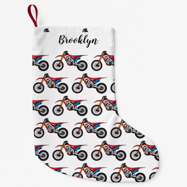 Calcetín Navideño Pequeño Moto de moto de tierra roja (Anverso)