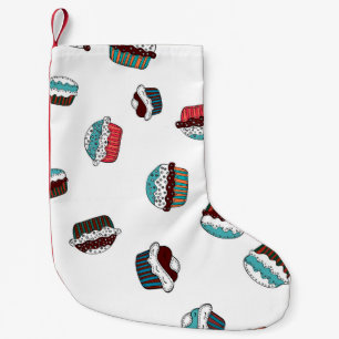 Calcetín Navideño Pequeño Muffin. Feliz cumpleaños con fondo de quequitos en