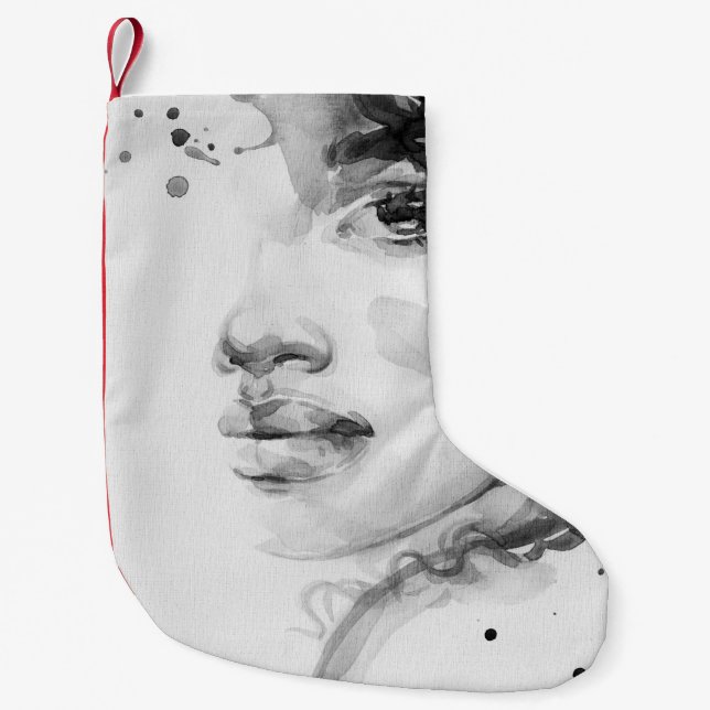 Calcetín Navideño Pequeño mujer afroamericana. ilustración de moda de bellez (Anverso)