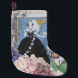 Calcetín Navideño Pequeño Mujer elegante azul vestido floral de fantasía<br><div class="desc">Un rico tema de la era victoriana,  un collage que incluye la ilustración de moda de George Barbier de la década de 1920,  y reunido con imágenes victorianas que incluyen flores,  mariposas,  la Torre Eiffel y un fondo de William Morris.</div>
