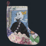 Calcetín Navideño Pequeño Mujer elegante azul vestido floral de fantasía<br><div class="desc">Un rico tema de la era victoriana,  un collage que incluye la ilustración de moda de George Barbier de la década de 1920,  y reunido con imágenes victorianas que incluyen flores,  mariposas,  la Torre Eiffel y un fondo de William Morris.</div>
