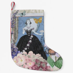 Calcetín Navideño Pequeño Mujer elegante azul vestido floral elegante