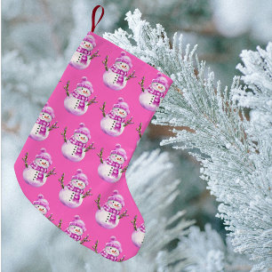 Calcetín Navideño Pequeño Muñeco de nieve de Navidad rosa dulce blanco