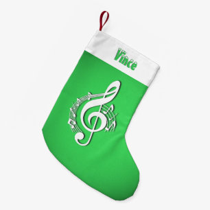 Calcetín Navideño Pequeño Music G Clef Nombre personalizado Verde