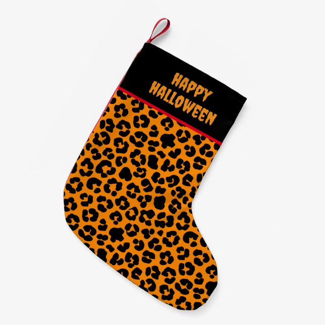 Calcetín Navideño Pequeño Naranja de Halloween Leopardo Negro Imprimir estam (Frente (Colgado))
