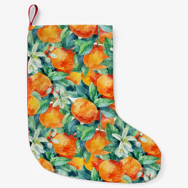 Calcetín Navideño Pequeño Naranja mandarino: Ilustracion retro acuarela (Anverso)