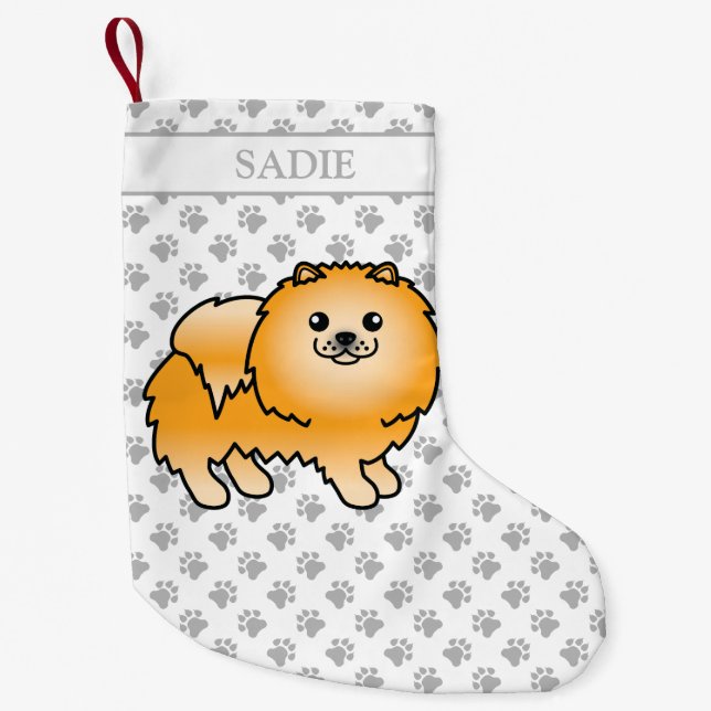 Calcetín Navideño Pequeño Naranja Pomeranian Cute Cartog Perro y nombre (Anverso)