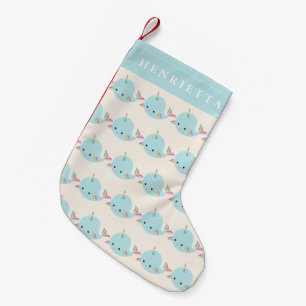 Calcetín Navideño Pequeño Narral arcoiris Kawaii Patrón Pastel Nombre Azul