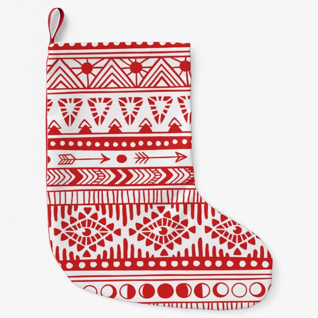 Calcetín Navideño Pequeño Nativo Americano: Doodle de tinta roja. (Anverso)