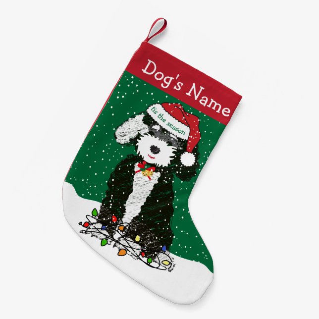 Calcetín Navideño Pequeño Naughty Bernedoodle personalizado (Frente (Colgado))