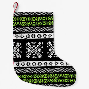 Calcetín Navideño Pequeño Navajo tribal, patrón verde blanco negro.