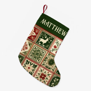Calcetín Navideño Pequeño Navidad Cuadrados de Colcha Rojo y Verde Vintage