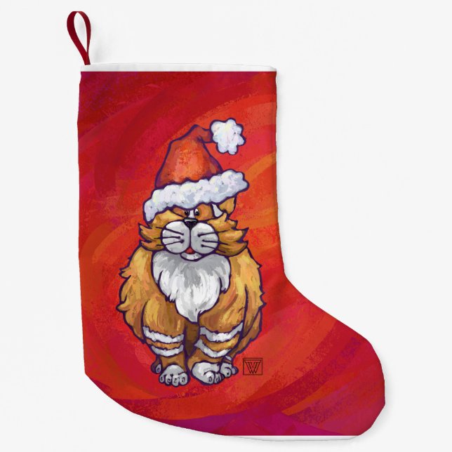 Calcetín Navideño Pequeño Navidad del gato del jengibre en rojo (Anverso)
