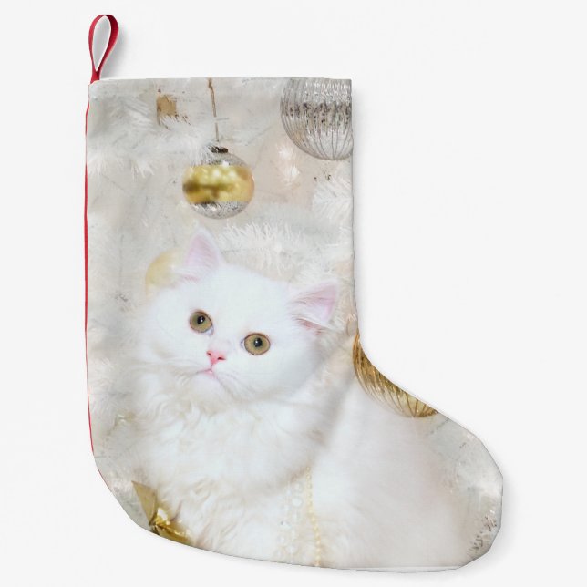 Calcetín Navideño Pequeño Navidad persa blanco del gatito (Anverso)