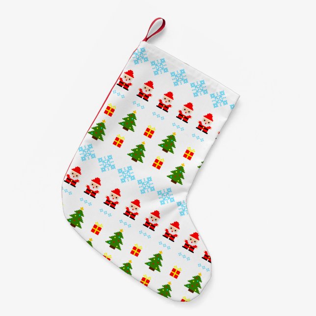 Calcetín Navideño Pequeño Navidad Pixel Art (Frente (Colgado))