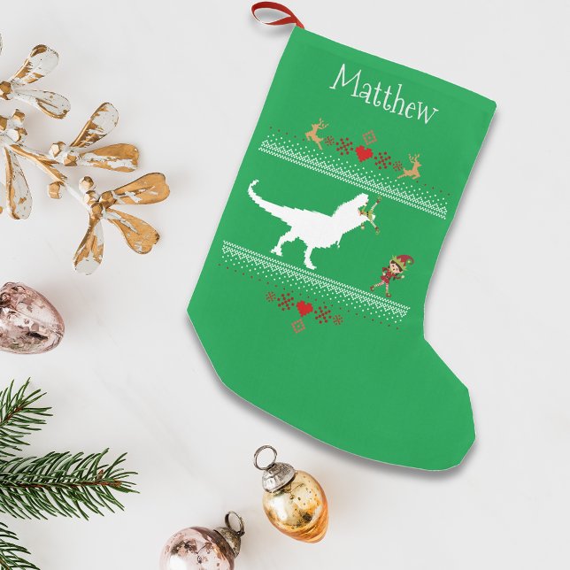 Calcetín Navideño Pequeño Navidad Suéter Feo T-Rex Elfo Divertido (Subido por el creador)