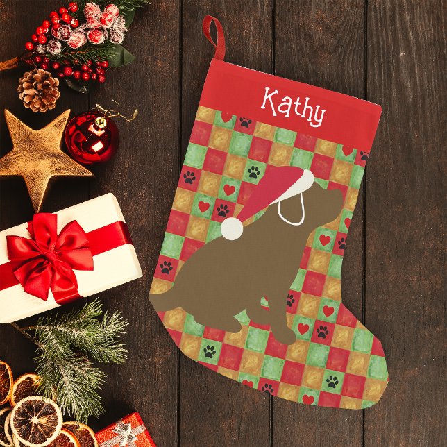 Calcetín Navideño Pequeño Navidades acallan cachorro de chocolate Labrador (Personalized Chocolate Labrador Puppy Quilt Design Christmas Stocking for Labrador Owners.)