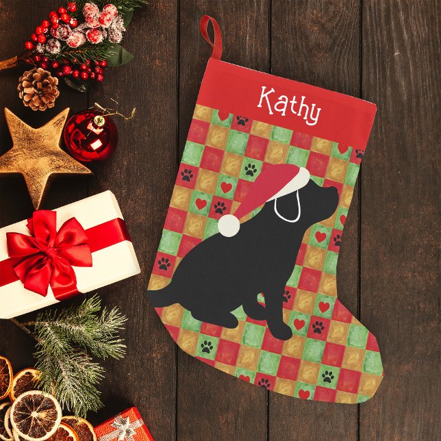 Calcetín Navideño Pequeño Navidades acallan pipa de labrador negro (Personalized Black Labrador Puppy Quilt Design Christmas Stocking for Labrador Owners.)