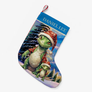 Calcetín Navideño Pequeño Navidades acuarela dinosaurio añadir nombre