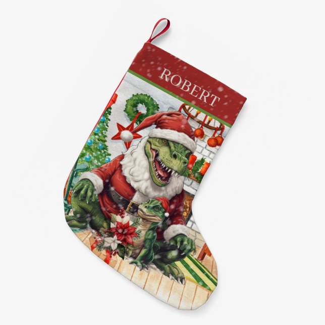 Calcetín Navideño Pequeño Navidades acuarela dinosaurio añadir nombre (Frente (Colgado))
