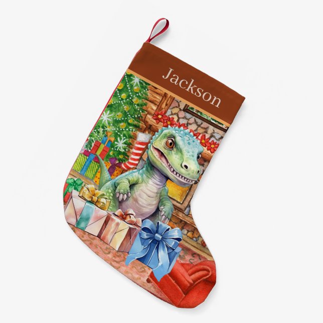 Calcetín Navideño Pequeño Navidades acuarela dinosaurio añadir nombre (Frente (Colgado))