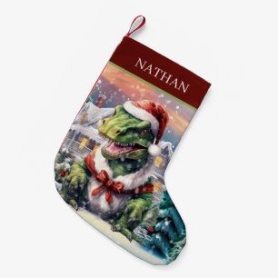 Calcetín Navideño Pequeño Navidades acuarela dinosaurio añadir nombre