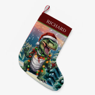 Calcetín Navideño Pequeño Navidades acuarela dinosaurio añadir nombre