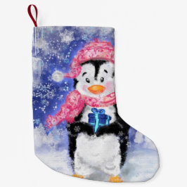 Calcetín Navideño Pequeño Navidades alzando a bebé pingüino con regalo