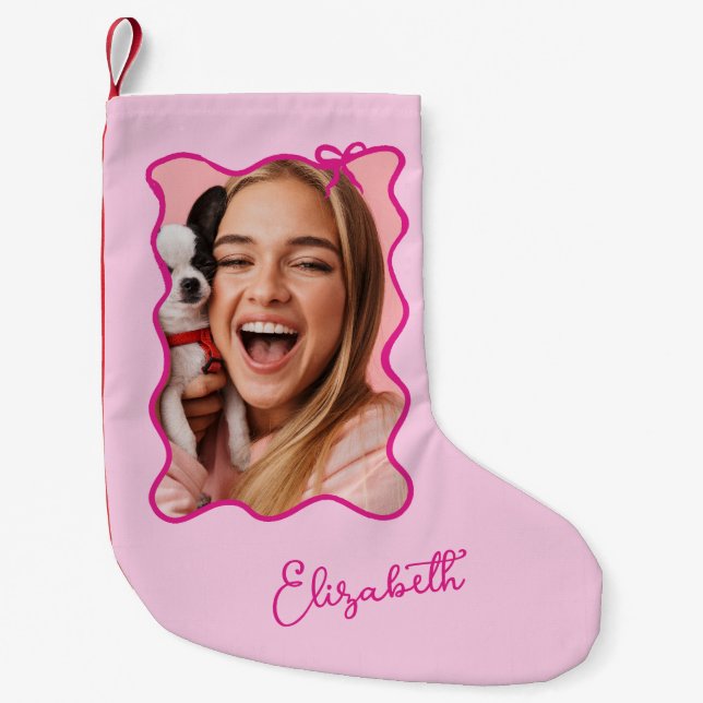 Calcetín Navideño Pequeño Navidades Bow | Marco fotográfico rosa ondulado (Anverso)