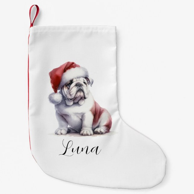 Calcetín Navideño Pequeño Navidades Bulldog inglés Santa Hat (Anverso)