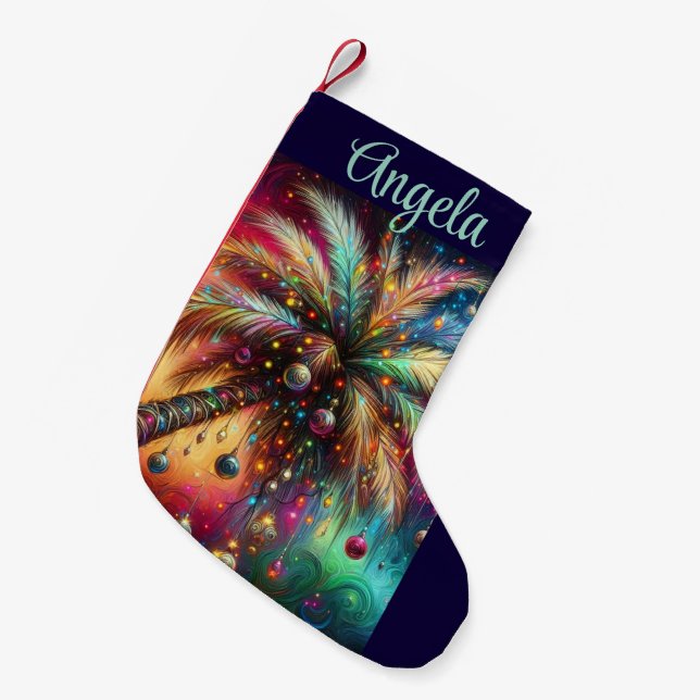 Calcetín Navideño Pequeño Navidades caprichosos Palm Tree Tropical Beach Viv (Frente (Colgado))