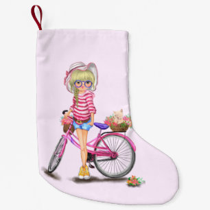 Calcetín Navideño Pequeño Navidades Chicas rubios con bicicleta rosa