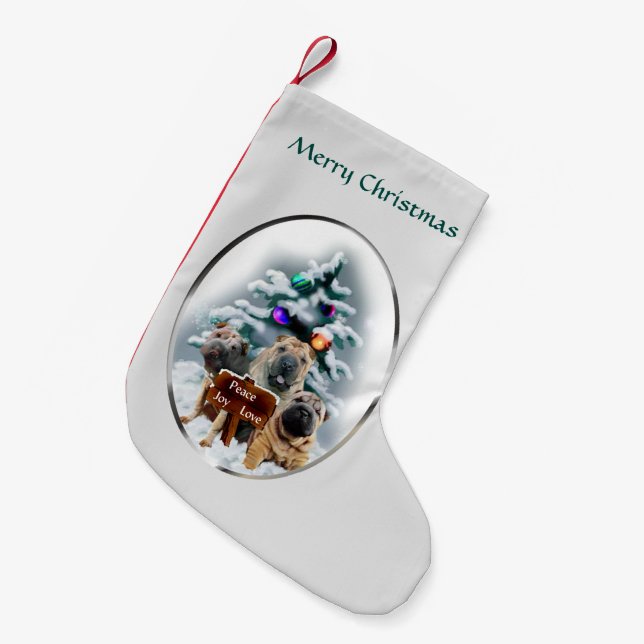 Calcetín Navideño Pequeño Navidades chinos del trío Shar-Pei (Frente (Colgado))