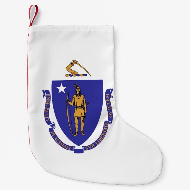 Calcetín Navideño Pequeño Navidades con bandera de Massachusetts (Anverso)