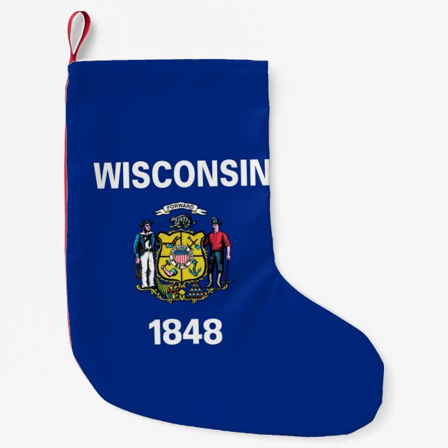 Calcetín Navideño Pequeño Navidades con bandera de Wisconsin (Anverso)